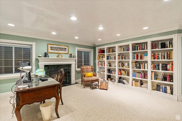 14 N 1025 E, Lindon, UT 84042 - office area with carpet floors, crown molding, baseboards, a high end fireplace, and recessed lighting