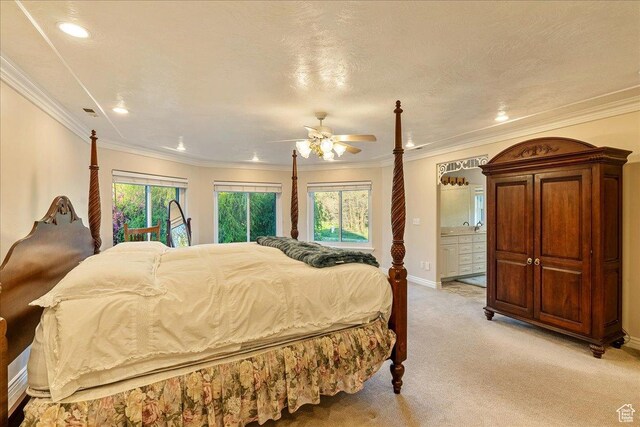 14 N 1025 E, Lindon, UT 84042 - bedroom featuring light carpet, crown molding, recessed lighting, baseboards, and connected bathroom