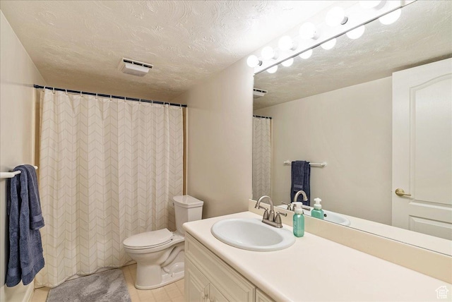 14 N 1025 E, Lindon, UT 84042 - full bathroom featuring tile patterned flooring, vanity, toilet, a textured ceiling, and curtained shower