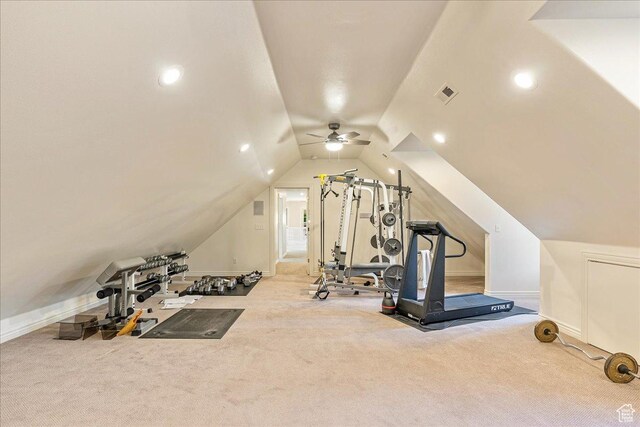 14 N 1025 E, Lindon, UT 84042 - workout area featuring carpet floors, ceiling fan, vaulted ceiling, baseboards, and recessed lighting