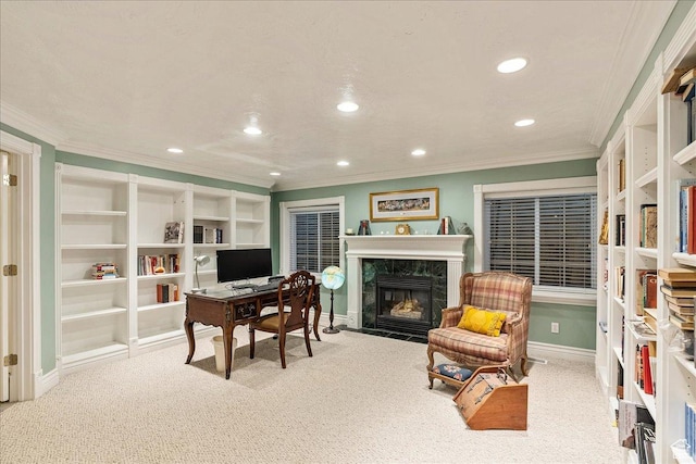 14 N 1025 E, Lindon, UT 84042 - carpeted office space featuring recessed lighting, ornamental molding, a premium fireplace, and baseboards