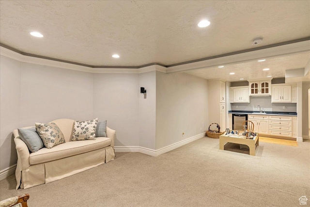 14 N 1025 E, Lindon, UT 84042 - living room with wet bar, recessed lighting, light colored carpet, baseboards, and ornamental molding