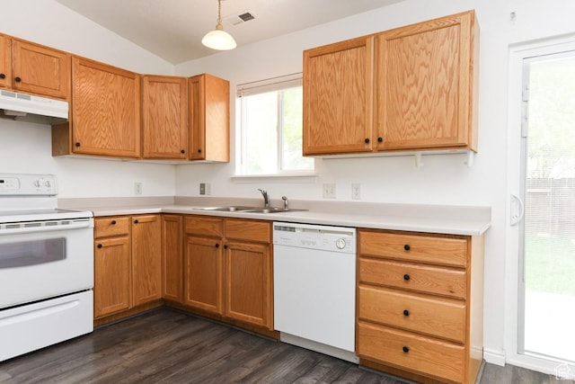 635 E Hunter Way N, Grantsville, UT 84029 - kitchen with white appliances, a sink, under cabinet range hood, dark wood finished floors, and light countertops