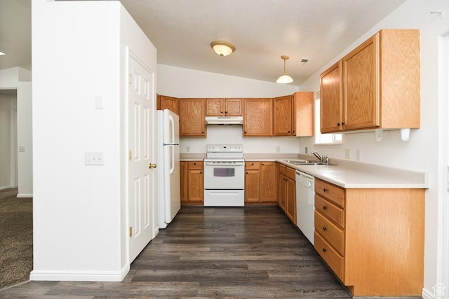 635 E Hunter Way N, Grantsville, UT 84029 - kitchen featuring white appliances, vaulted ceiling, dark wood finished floors, under cabinet range hood, and light countertops