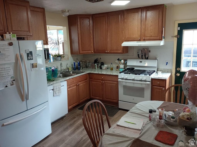 56 N 970 W, Orem, UT 84057 - kitchen with white appliances, under cabinet range hood, a sink, and healthy amount of natural light
