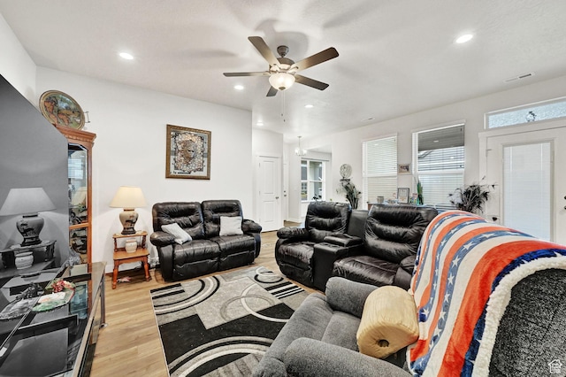 114 N 3830 W, West Point, UT 84015 - living room featuring ceiling fan, light wood finished floors, and recessed lighting