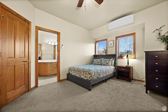 9266 Par Ct, Park City, UT 84098 - bedroom featuring a wall mounted AC, light carpet, baseboards, connected bathroom, and a ceiling fan