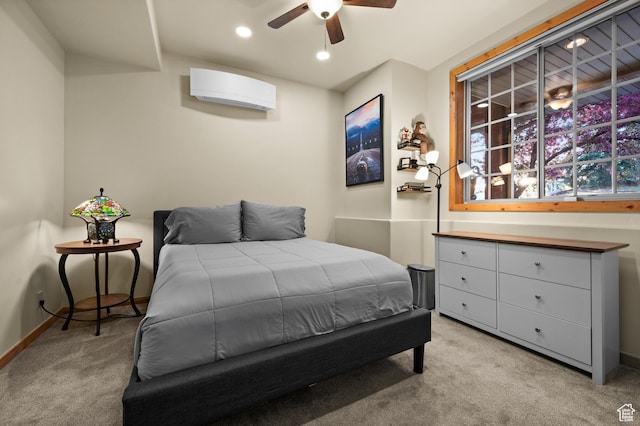 9266 Par Ct, Park City, UT 84098 - bedroom featuring light carpet, a wall unit AC, baseboards, recessed lighting, and ceiling fan