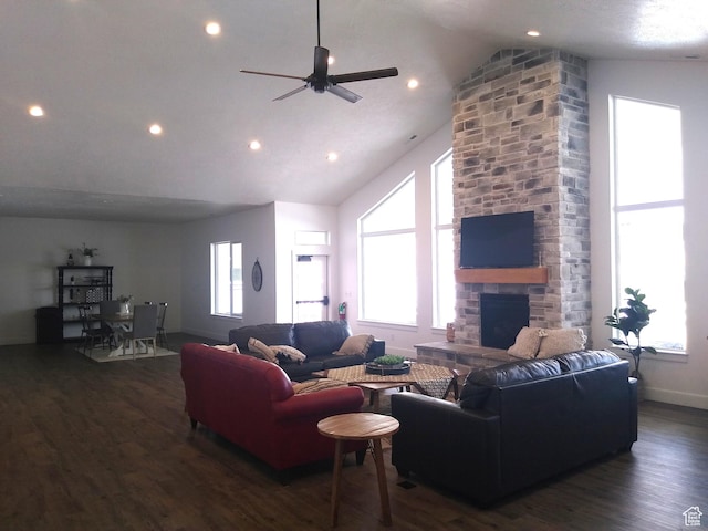 250 W 1200 S Unit 127, Tremonton, UT 84337 - living room featuring wood finished floors, a stone fireplace, ceiling fan, high vaulted ceiling, and recessed lighting