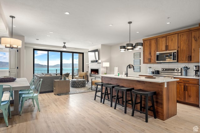 35 E 150 S Unit 202C, Garden City, UT 84028 - kitchen with appliances with stainless steel finishes, brown cabinets, a sink, a chandelier, and light wood finished floors