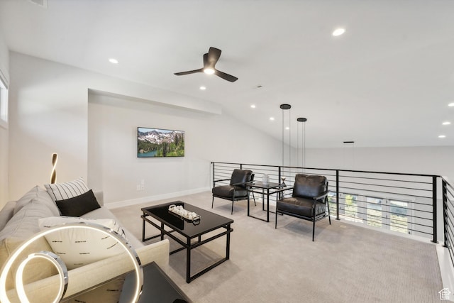 363 E Overlook Loop E Unit 22, Hideout, UT 84036 - living room featuring a ceiling fan, lofted ceiling, recessed lighting, light colored carpet, and baseboards