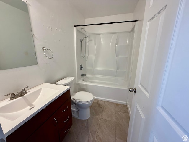 full bathroom with toilet, vanity, and shower / washtub combination