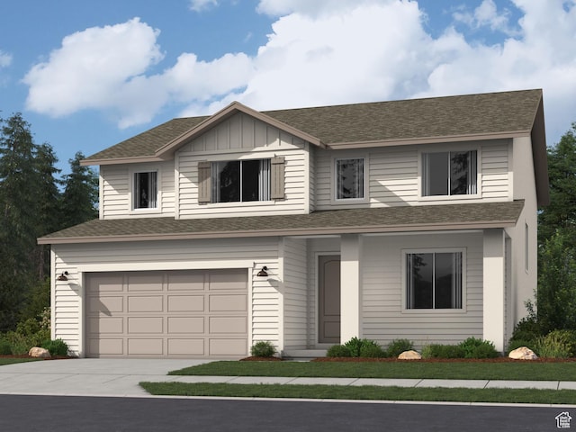 view of front of property with an attached garage, concrete driveway, and a shingled roof