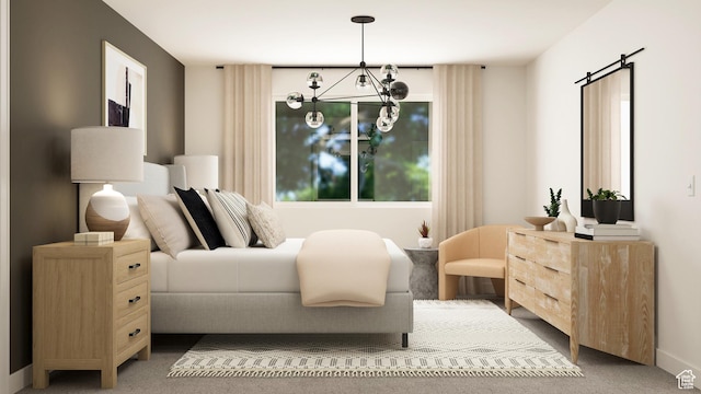 bedroom with carpet floors, a chandelier, and baseboards