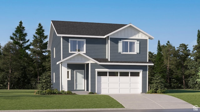 view of front of home with concrete driveway, a front yard, board and batten siding, and an attached garage