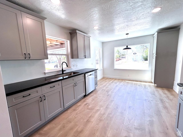 45 E 300 N, Roosevelt, UT 84066 - kitchen with dishwasher, dark countertops, gray cabinets, a textured ceiling, and healthy amount of natural light
