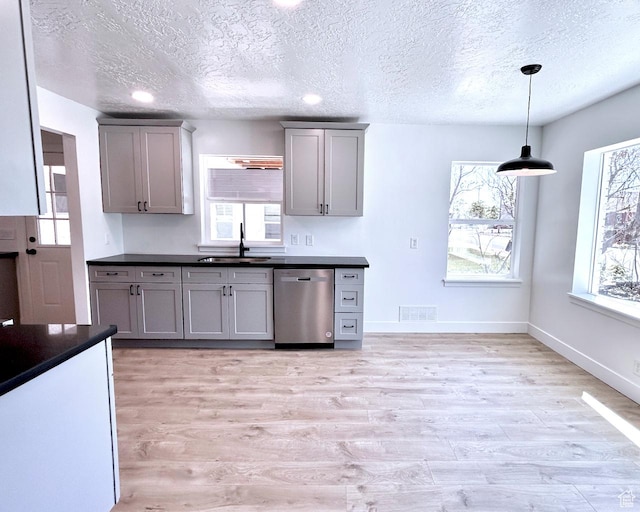 45 E 300 N, Roosevelt, UT 84066 - kitchen with dishwasher, dark countertops, gray cabinetry, a textured ceiling, and recessed lighting