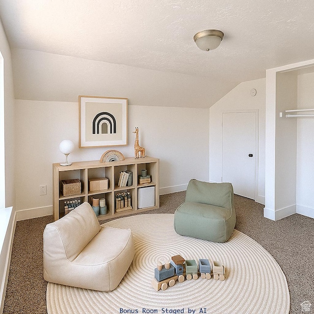 45 E 300 N, Roosevelt, UT 84066 - living area with lofted ceiling, carpet floors, and a textured ceiling