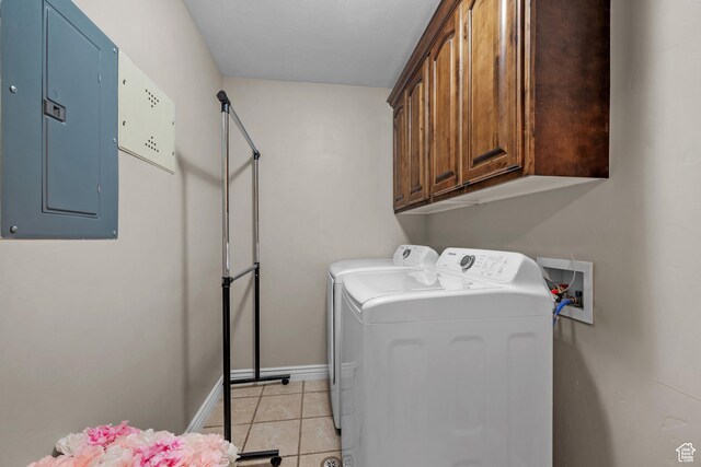 861 W 310 S, Pleasant Grove, UT 84062 - laundry room with electric panel, washing machine and dryer, cabinet space, baseboards, and light tile patterned flooring