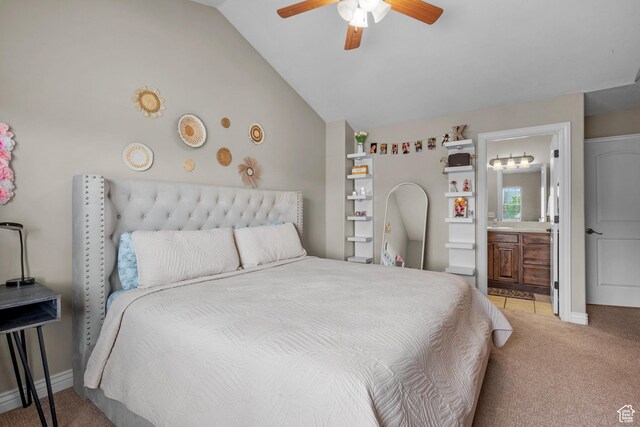 861 W 310 S, Pleasant Grove, UT 84062 - bedroom with light carpet, lofted ceiling, connected bathroom, ceiling fan, and baseboards