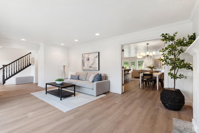 573 S Cherry Ln, Fruit Heights, UT 84037 - living room with stairs, light wood-type flooring, ornamental molding, baseboards, and recessed lighting