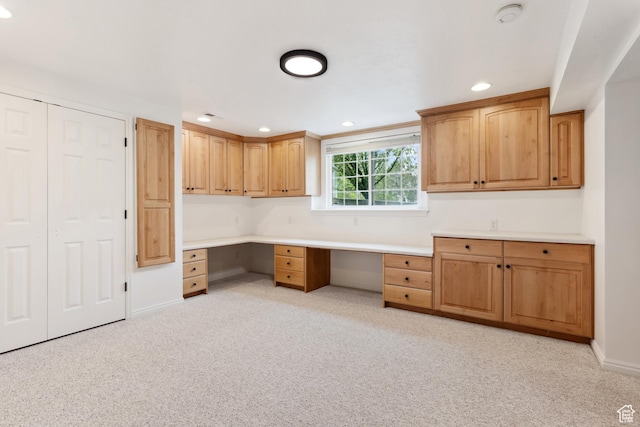 573 S Cherry Ln, Fruit Heights, UT 84037 - kitchen featuring baseboards, light colored carpet, recessed lighting, and light countertops