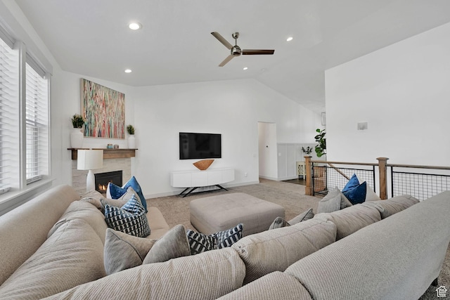 3507 S 4875 W, West Haven, UT 84401 - living room with carpet, ceiling fan, recessed lighting, lofted ceiling, and a warm lit fireplace