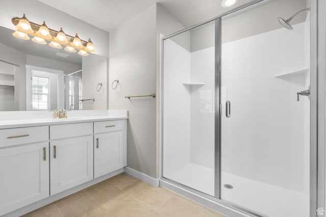 full bathroom with a shower stall, tile patterned floors, and vanity