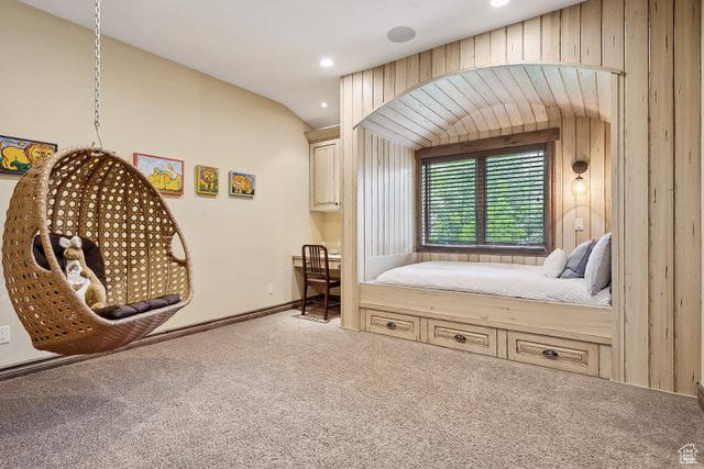 4891 Last Stand Dr, Snyderville, UT 84098 - carpeted bedroom with vaulted ceiling, recessed lighting, and baseboards