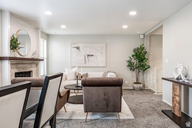 1180 W Middlesex Rd S, Taylorsville, UT 84123 - carpeted living room with recessed lighting, a fireplace, and baseboards