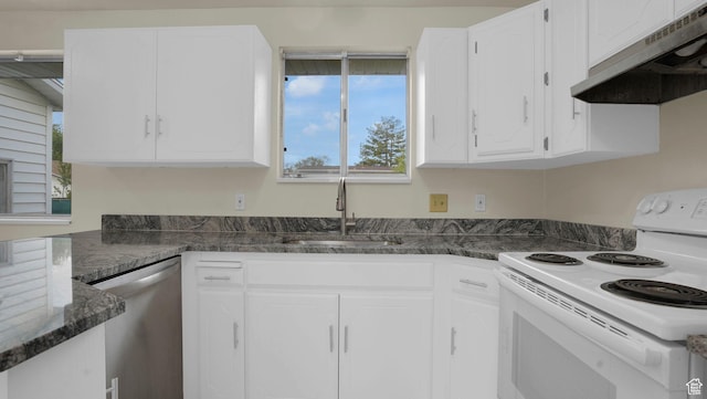 2976 S Laree St, West Valley City, UT 84120 - kitchen featuring white range with electric cooktop, under cabinet range hood, dishwasher, a sink, and white cabinetry