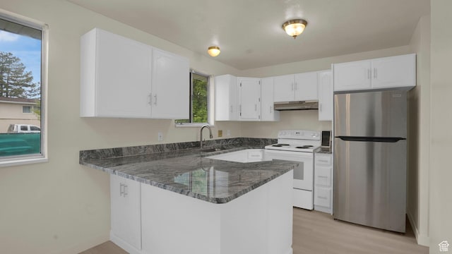 2976 S Laree St, West Valley City, UT 84120 - kitchen featuring freestanding refrigerator, white range with electric stovetop, under cabinet range hood, dark stone counters, and a peninsula