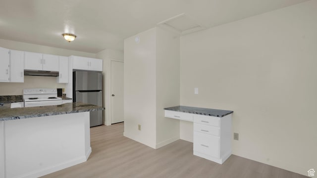 2976 S Laree St, West Valley City, UT 84120 - kitchen featuring freestanding refrigerator, electric stove, light wood-type flooring, under cabinet range hood, and baseboards