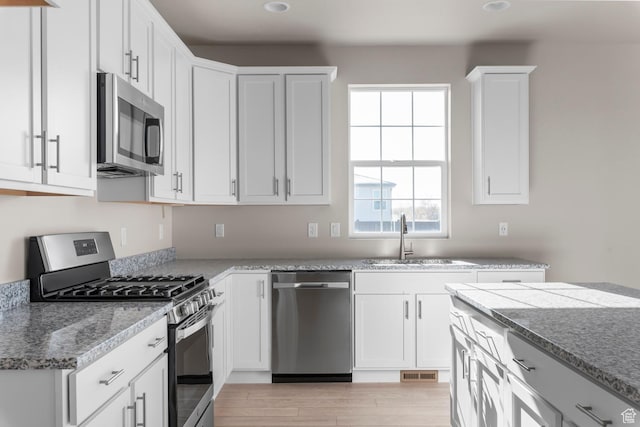 kitchen with appliances with stainless steel finishes, a sink, white cabinetry, light wood-style floors, and recessed lighting