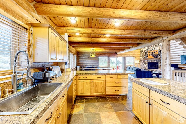 450 Crestview Dr, Summit Park, UT 84098 - kitchen with a sink, tile countertops, rustic walls, light brown cabinetry, and a peninsula