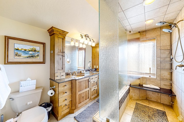 450 Crestview Dr, Summit Park, UT 84098 - bathroom with tiled shower, toilet, tile patterned floors, and vanity