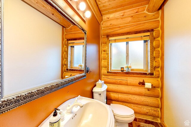 450 Crestview Dr, Summit Park, UT 84098 - bathroom with log walls, toilet, wood ceiling, and a sink