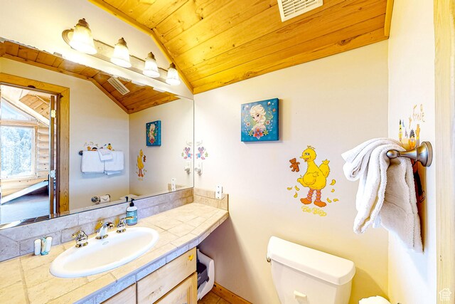 450 Crestview Dr, Summit Park, UT 84098 - half bathroom featuring vaulted ceiling, wood ceiling, toilet, and vanity