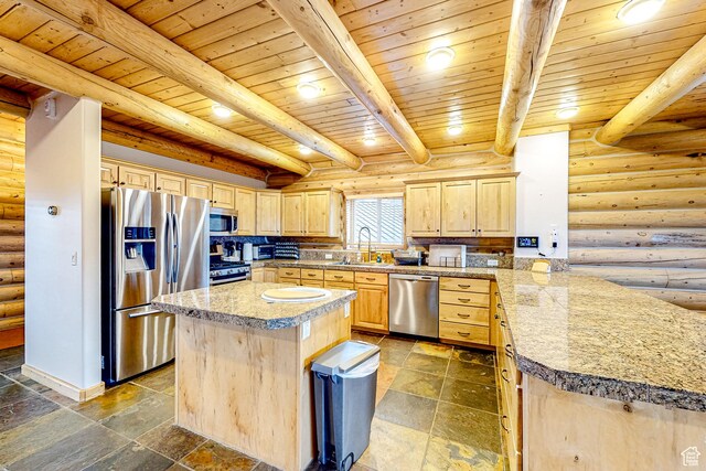 450 Crestview Dr, Summit Park, UT 84098 - kitchen with appliances with stainless steel finishes, light brown cabinetry, rustic walls, wood ceiling with exposed beams, and a sink