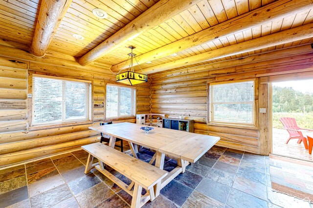 450 Crestview Dr, Summit Park, UT 84098 - dining area with wood ceiling with exposed beams, stone tile flooring, and rustic walls