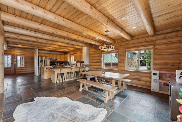 450 Crestview Dr, Summit Park, UT 84098 - dining room with wooden ceiling with exposed beams, stone tile floors, plenty of natural light, rustic walls, and recessed lighting