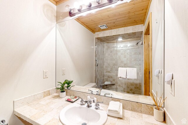 450 Crestview Dr, Summit Park, UT 84098 - full bathroom featuring a sink, tiled shower, and wood ceiling