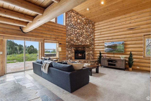 450 Crestview Dr, Summit Park, UT 84098 - living area with wood ceiling with exposed beams, high vaulted ceiling, a stone fireplace, stone tile flooring, and log walls
