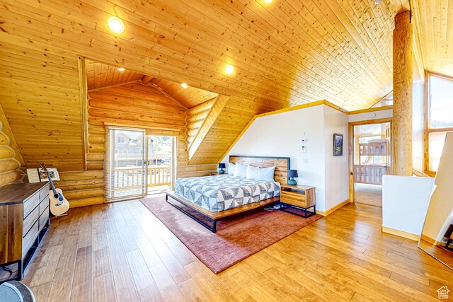 450 Crestview Dr, Summit Park, UT 84098 - bedroom with vaulted ceiling, wooden ceiling, rustic walls, access to outside, and multiple windows
