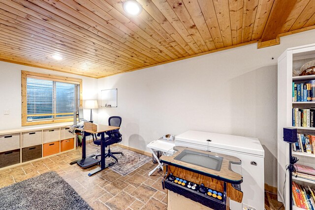 450 Crestview Dr, Summit Park, UT 84098 - office space featuring wood ceiling, stone tile flooring, recessed lighting, and baseboards