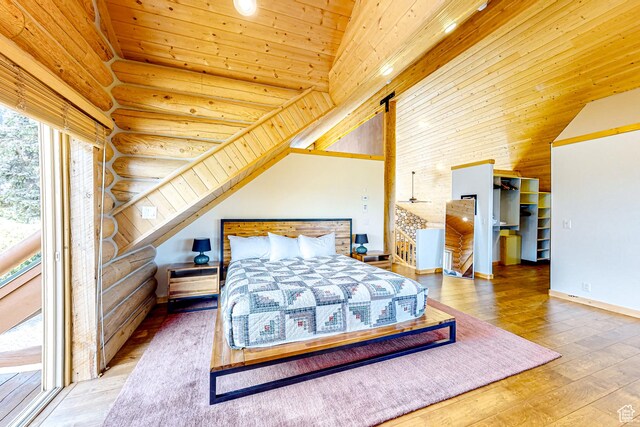 450 Crestview Dr, Summit Park, UT 84098 - bedroom with rustic walls, wood-type flooring, wood ceiling, and lofted ceiling