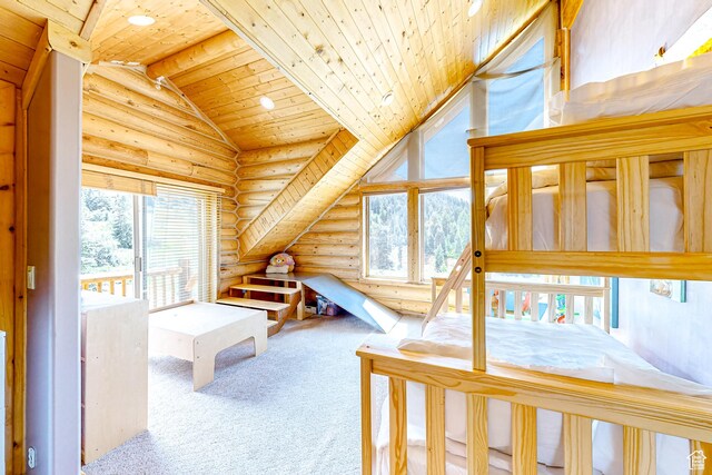 450 Crestview Dr, Summit Park, UT 84098 - carpeted bedroom featuring rustic walls and wooden ceiling