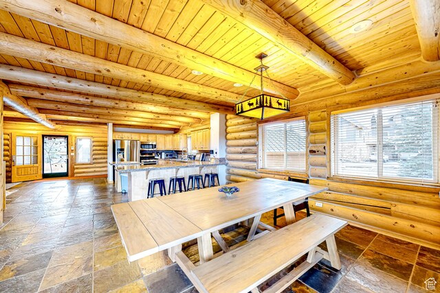 450 Crestview Dr, Summit Park, UT 84098 - dining space with wood ceiling with exposed beams, healthy amount of natural light, rustic walls, and stone tile flooring