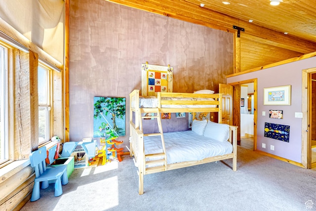 450 Crestview Dr, Summit Park, UT 84098 - carpeted bedroom featuring high vaulted ceiling and wooden ceiling
