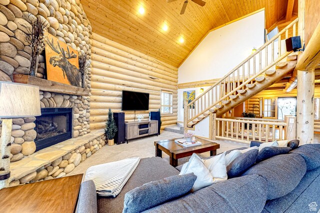 450 Crestview Dr, Summit Park, UT 84098 - living room with high vaulted ceiling, wooden ceiling, stairs, log walls, and a ceiling fan